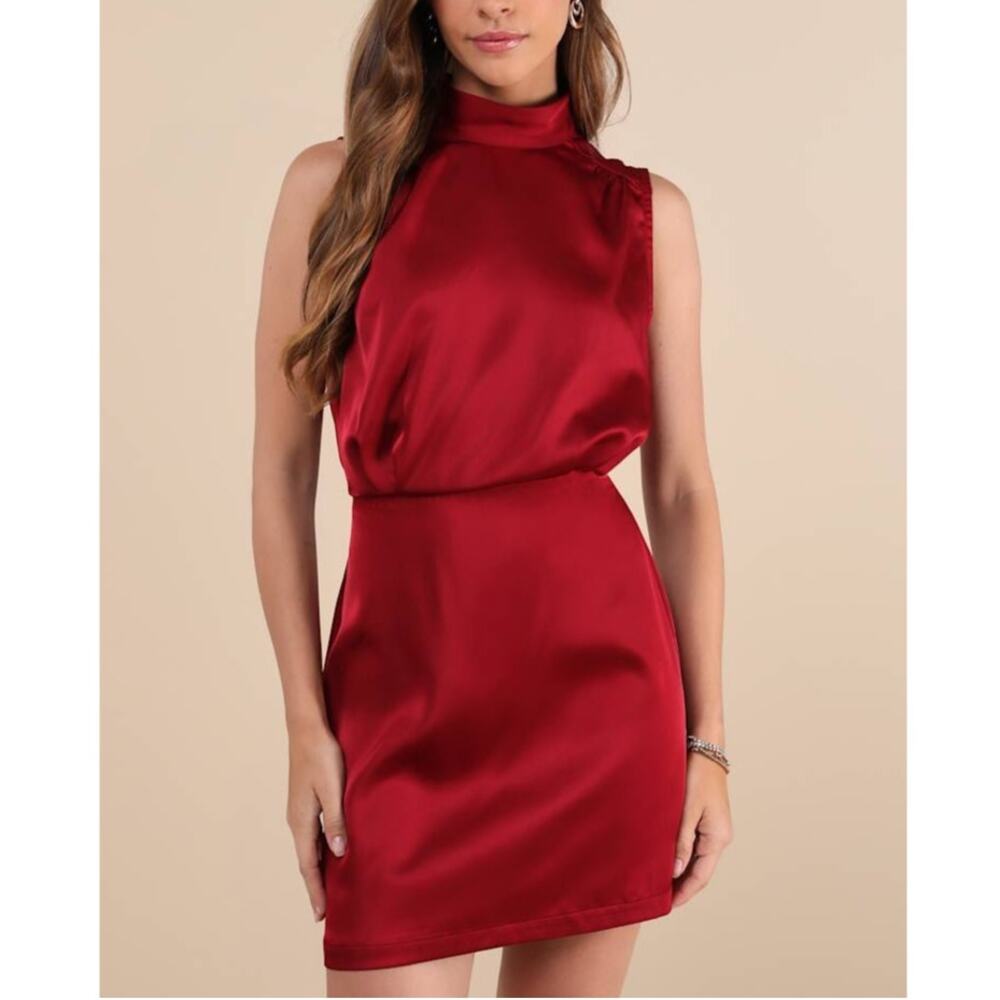 Lulus Women’s Medium Dress Sleeveless Satin Mock Neck Mini Classic Elegance